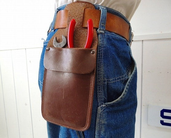 レザー製・ヴィンテージ・2ポケット・ツールポーチ・DIY/工具エプロン/ツールエプロン