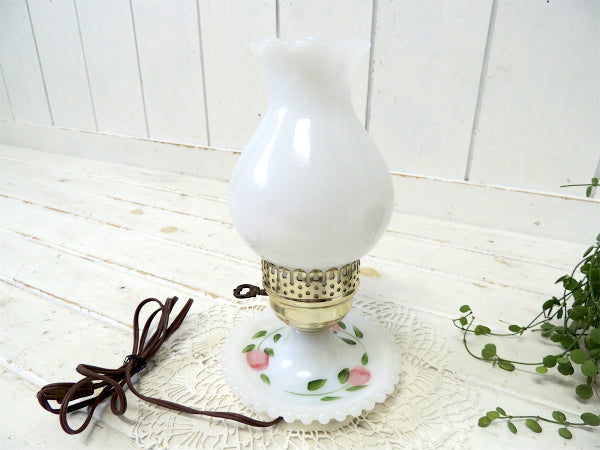 ミルクガラス・ハンドペイント・花柄・アンティーク・テーブルランプ・デスクランプ・照明 USA