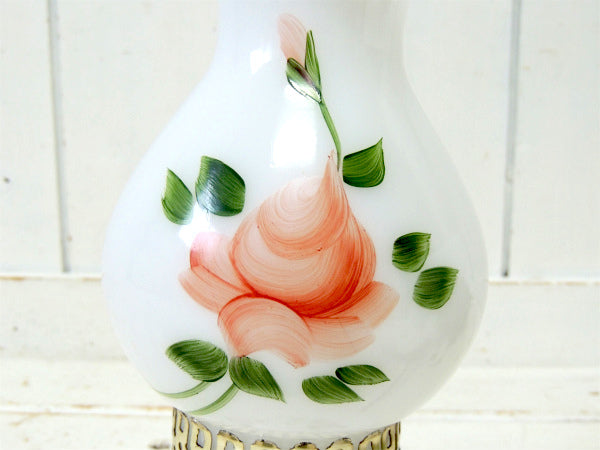 ミルクガラス・ハンドペイント・花柄・アンティーク・テーブルランプ・デスクランプ・照明 USA