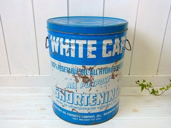【WHITE CAP】ティン製・大きなヴィンテージ・ラード缶(フタ付き)　USA