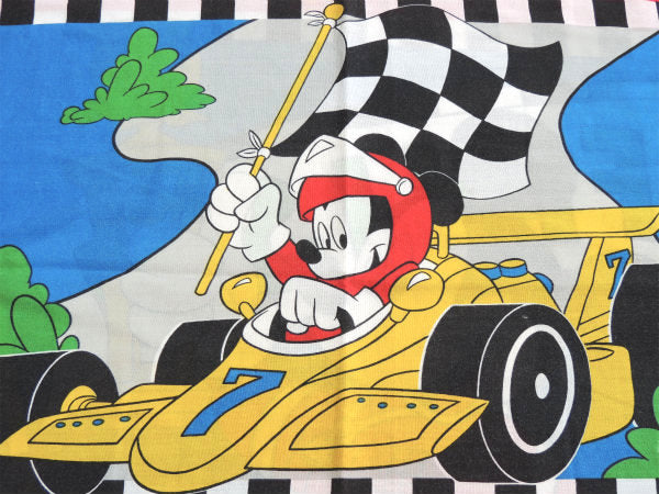 【ミッキーマウス】F1レーサー×チェッカーフラッグ・ヴィンテージ・ピロケース/枕カバー USA