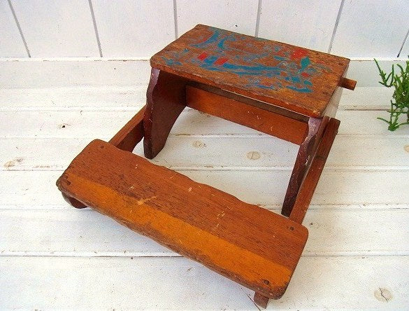マザーグースの童謡イラスト入り・木製・アンティーク・子供イス/チャイルドチェア/踏み台 USA