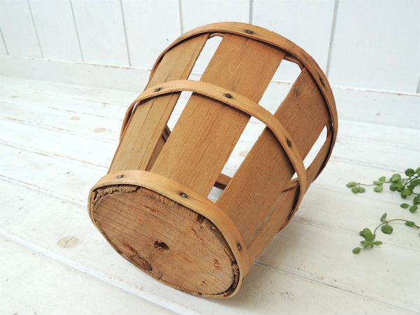 USA・ 木製・アンティーク・アップルバスケット/ウッドバスケット/ラウンドバスケット②