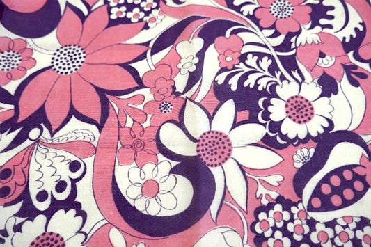 レトロな花柄・ピンク×パープル・デッドストック・ヴィンテージ・ファブリック・生地・ハンドメイド