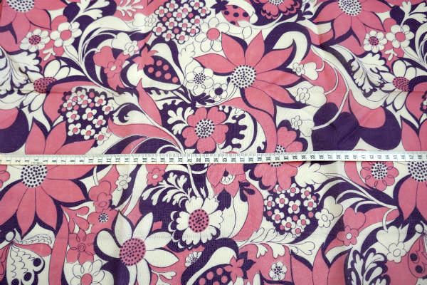 レトロな花柄・ピンク×パープル・デッドストック・ヴィンテージ・ファブリック・生地・ハンドメイド