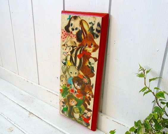 可愛いレトロな動物柄・貼り絵・木製・アンティーク・壁飾り/アート/ビンテージ