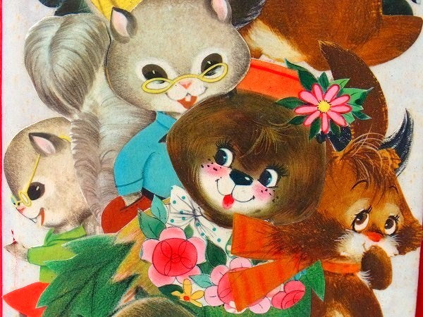 可愛いレトロな動物柄・貼り絵・木製・アンティーク・壁飾り/アート/ビンテージ