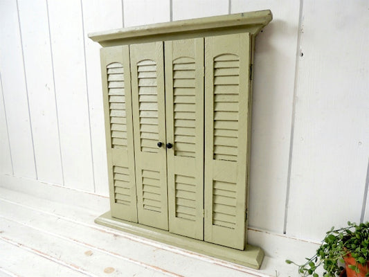 【シャビーシック】ミントグリーン・木製・ヴィンテージ・ルーバーミラー・鏡・ウォールデコ・インテリア