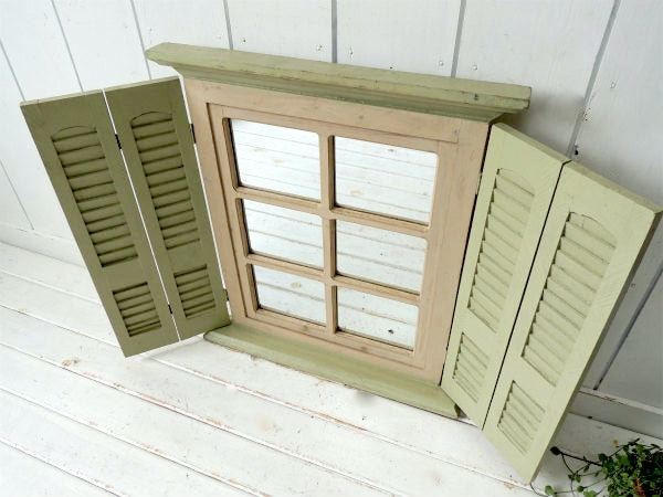 【シャビーシック】ミントグリーン・木製・ヴィンテージ・ルーバーミラー・鏡・ウォールデコ・インテリア