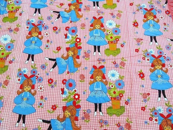 レトロポップな女の子&花柄・ヴィンテージ・ベッドスプレッド/ベッドカバー/ファブリック USA