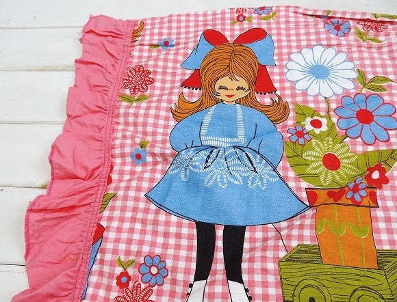 レトロポップな女の子&花柄・ヴィンテージ・ベッドスプレッド/ベッドカバー/ファブリック USA