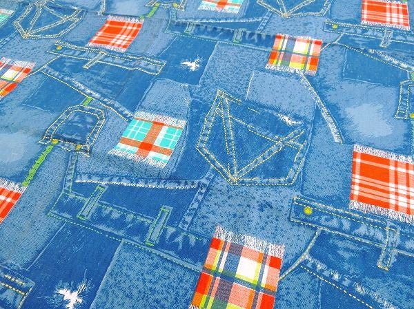 インディゴブルー・デニム柄×チェック柄・デッドストック未使用・ヴィンテージ・ファブリック