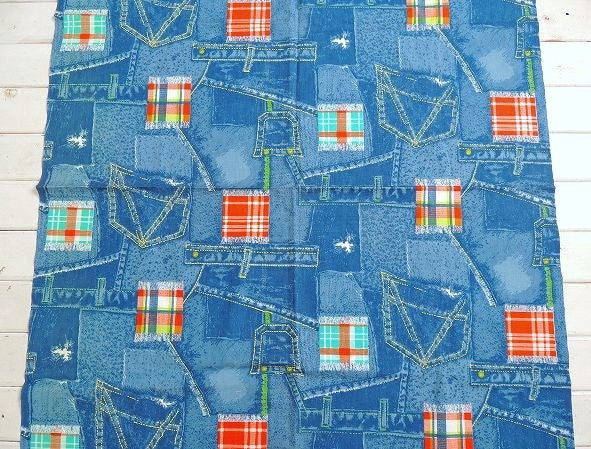 インディゴブルー・デニム柄×チェック柄・デッドストック未使用・ヴィンテージ・ファブリック