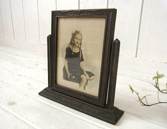 モノクロ写真入り・回転式・木製・アンティーク・卓上フォトフレーム/写真立て USA