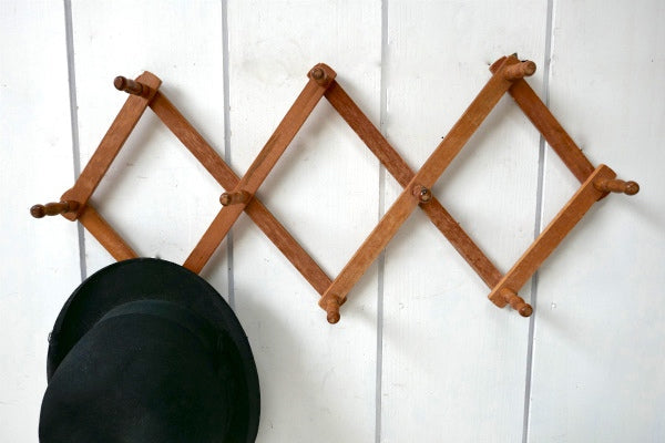 レトロ・木製・壁掛け・伸縮式・ヴィンテージ・ハットラック・コートフック・ウォールフック