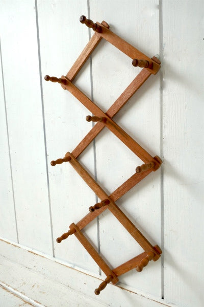 レトロ・木製・壁掛け・伸縮式・ヴィンテージ・ハットラック・コートフック・ウォールフック