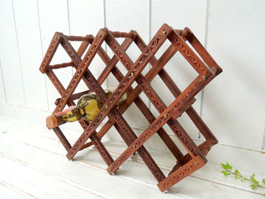 木製・リーフ彫刻・折りたたみ式・ヴィンテージ・ワインラック・ボトルラック 8本 収納可