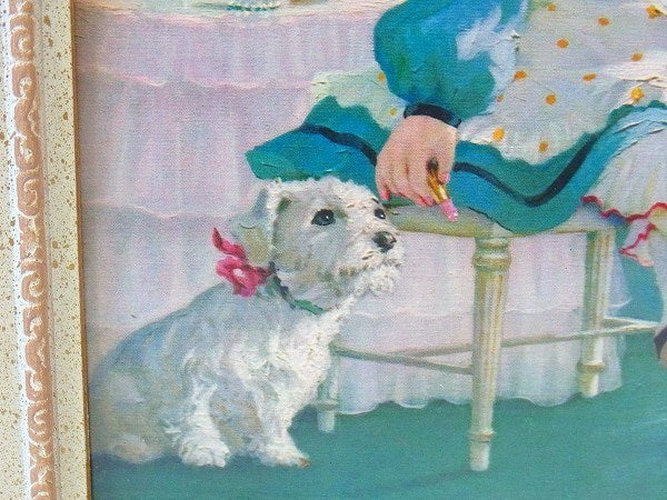 可愛い少女&犬の絵入りアンティーク・壁飾り/木製フレーム/額縁　USA