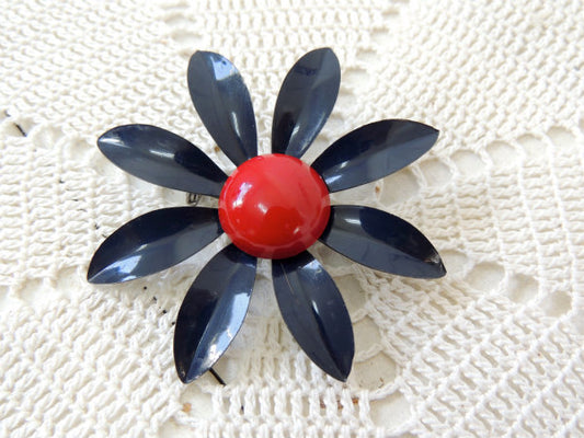 レトロ ネイビー×レッド フラワーモチーフ 60's ヴィンテージ ブローチ アクセサリージュエリー USA