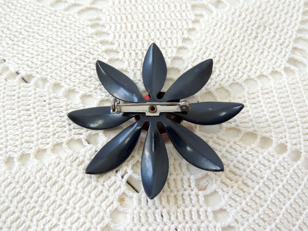 レトロ ネイビー×レッド フラワーモチーフ 60's ヴィンテージ ブローチ アクセサリージュエリー USA
