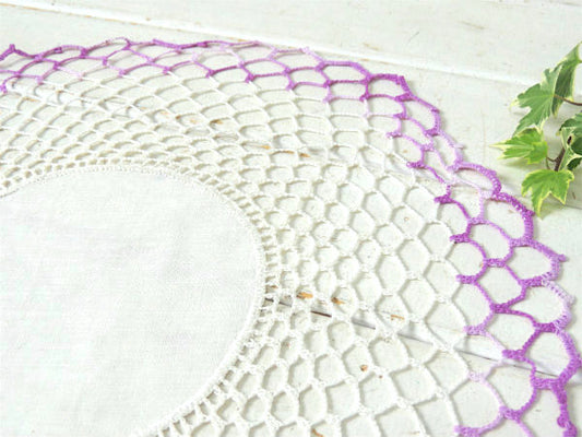 パープルグラデーション クロシェレース 手編み デッドストック アンティーク ドイリー 大判 ハンドメイド USA