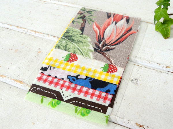 ハワイ柄&イチゴ柄&花柄&チェック柄・ヴィンテージ・ファブリック・10cm角・はぎれ7枚セット/生地