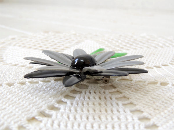 グレー×黒×グリーン 1960~1970s フラワーモチーフ レトロ ヴィンテージ　ブローチ　アクセサリー　USA