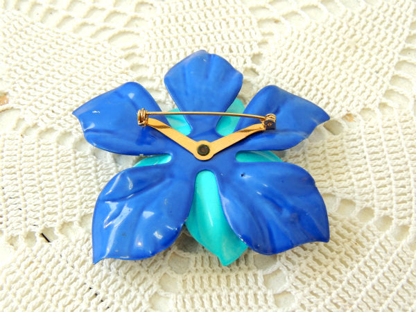 レトロ ブルー フラワー 立体お花モチーフ 60's ヴィンテージ ブローチ アクセサリー ジュエリー USA