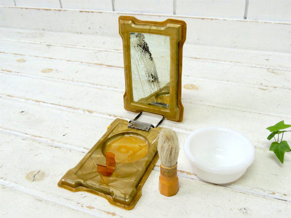 卍・sterilized BARBER ミラー+髭 ブラシ+ボウル・アンティーク・シェービングセット
