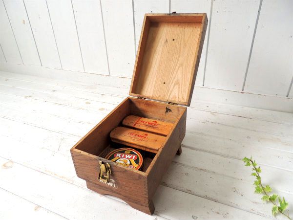 KIWI 木製・靴磨き・ヴィンテージ・道具入れ・シューシャイン ボックス・ブラシ・ポリッシュ付き