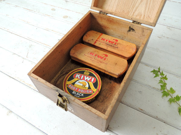 KIWI 木製・靴磨き・ヴィンテージ・道具入れ・シューシャイン ボックス・ブラシ・ポリッシュ付き