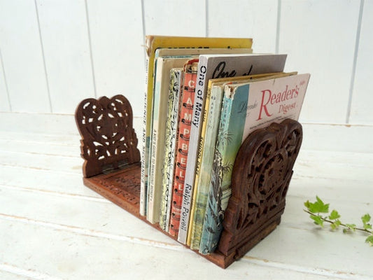 木製・花柄&リーフ彫刻・折りたたみ式・ヴィンテージ・ブックスタンド・本立て USA