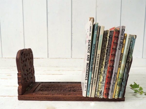 ミッドセンチュリー フラワー 木製 花柄&リーフ彫刻 折り畳み式 ヴィンテージ　ブックスタンド　本立て USA