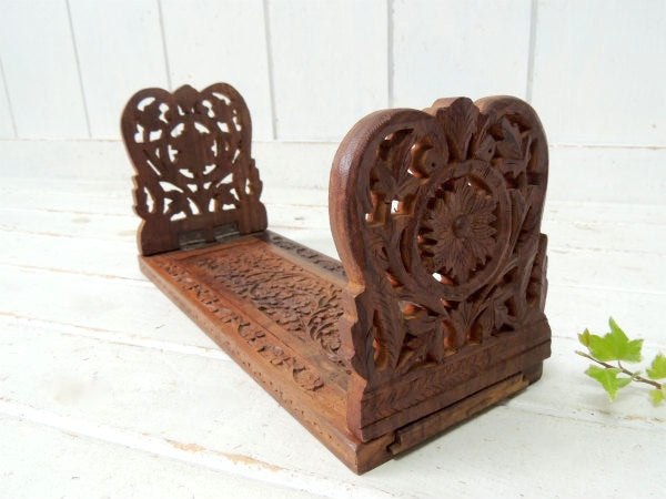 ミッドセンチュリー フラワー 木製 花柄&リーフ彫刻 折り畳み式 ヴィンテージ　ブックスタンド　本立て USA