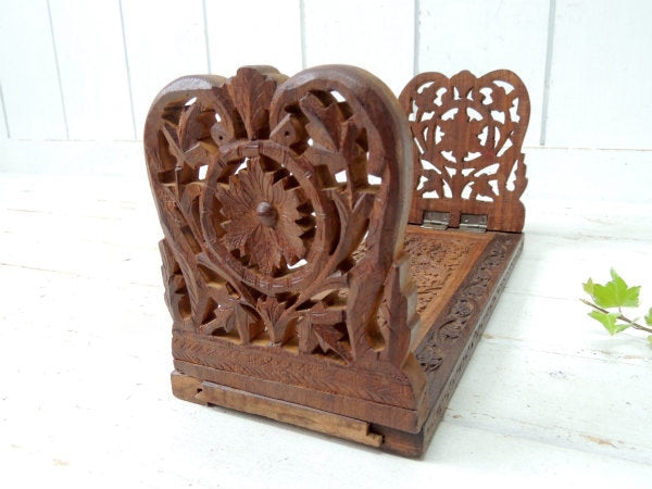 ミッドセンチュリー フラワー 木製 花柄&リーフ彫刻 折り畳み式 ヴィンテージ　ブックスタンド　本立て USA