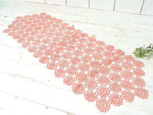 コーラルピンク 花柄 クロシェレース ハンドメイド デッドストック ヴィンテージ テーブルセンター クロス USA