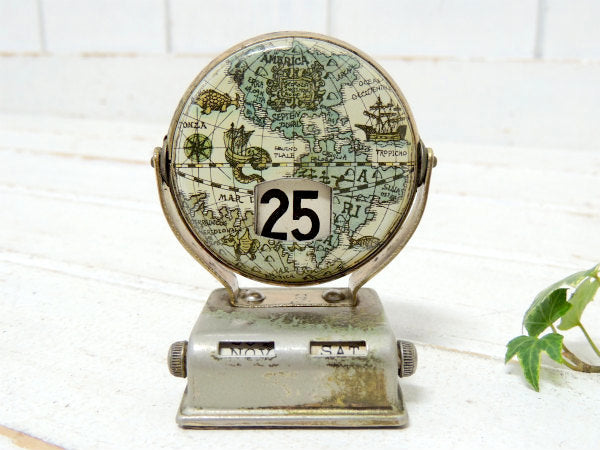 【地球儀】ノスタルジック・メタル製・回転式・ヴィンテージ・デスクカレンダー・卓上カレンダー