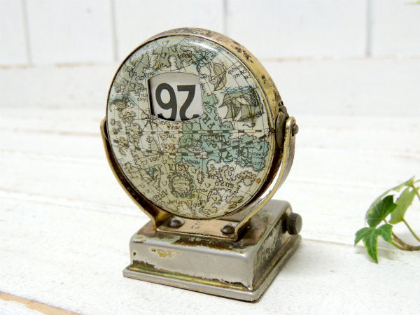【地球儀】ノスタルジック・メタル製・回転式・ヴィンテージ・デスクカレンダー・卓上カレンダー