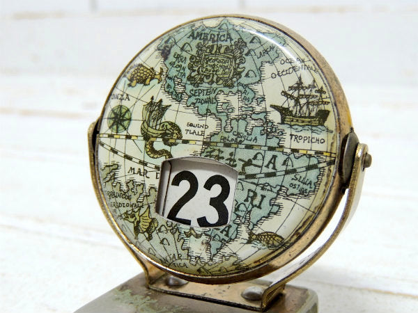 【地球儀】ノスタルジック・メタル製・回転式・ヴィンテージ・デスクカレンダー・卓上カレンダー