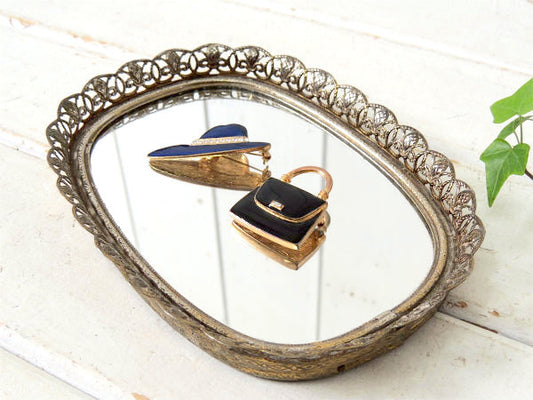 【フラワーモチーフ】透かしデザイン・小さなアンティーク・ミラートレイ/鏡/ジュエリートレイ USA