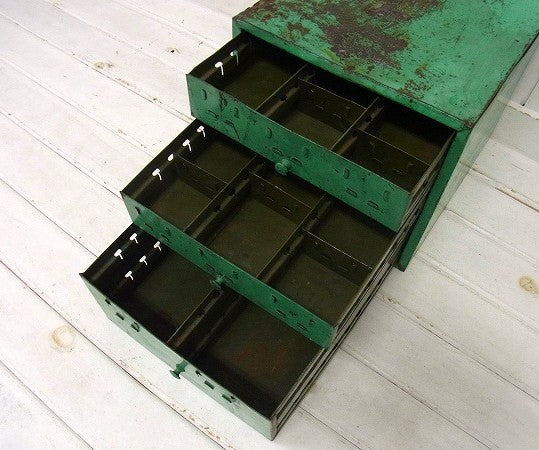 グリーン・3段式 インダストリアル・アンティーク・卓上チェスト 書類チェスト 引き出し 工具箱 USA