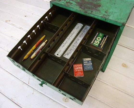 グリーン・3段式 インダストリアル・アンティーク・卓上チェスト 書類チェスト 引き出し 工具箱 USA