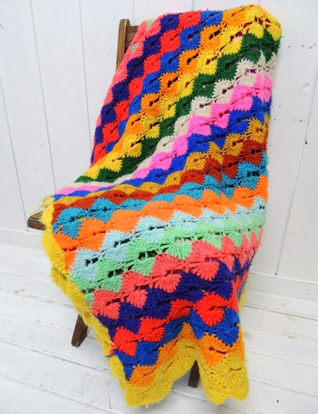 USA・カラフルポップな手編みニット・ヴィンテージ・ブランケット/大判サイズ