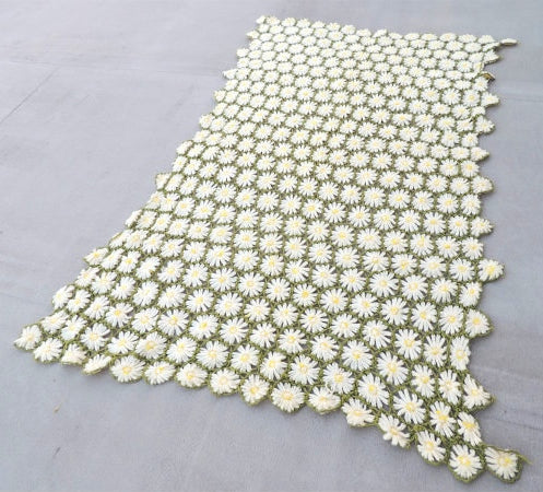 手編みニット・お花の立体モチーフ編み・アンティーク・ブランケット/ひざ掛け USA