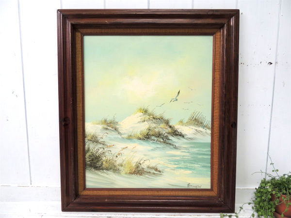 カモメ・海・風景画　絵画・木製フレーム・額・オイルペイント・油絵・直筆サイン・ART