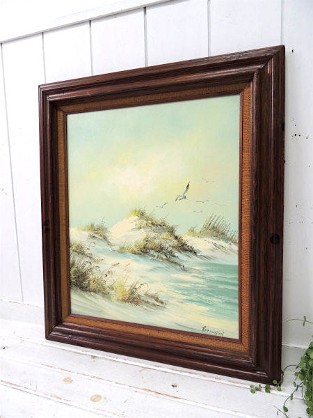 カモメ・海・風景画　絵画・木製フレーム・額・オイルペイント・油絵・直筆サイン・ART