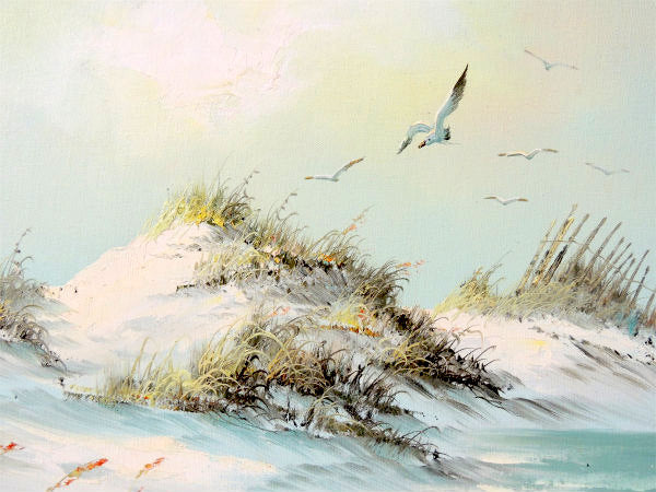 カモメ・海・風景画　絵画・木製フレーム・額・オイルペイント・油絵・直筆サイン・ART