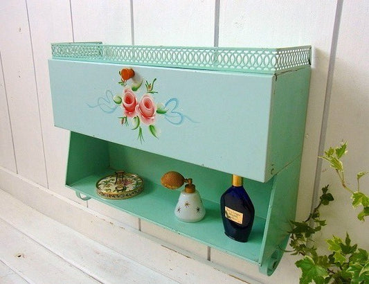 ハンドペイントの花柄・ティン製・アンティーク・シェルフ/飾り棚　USA