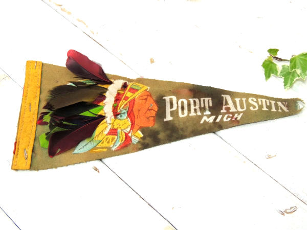 【1940's~・インディアン】ミシガン州・ヴィンテージ・ペナント・羽根つき