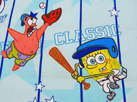 【スポンジボブ】ベースボール柄・水色ストライプ・ユーズドシーツ(フラットタイプ)